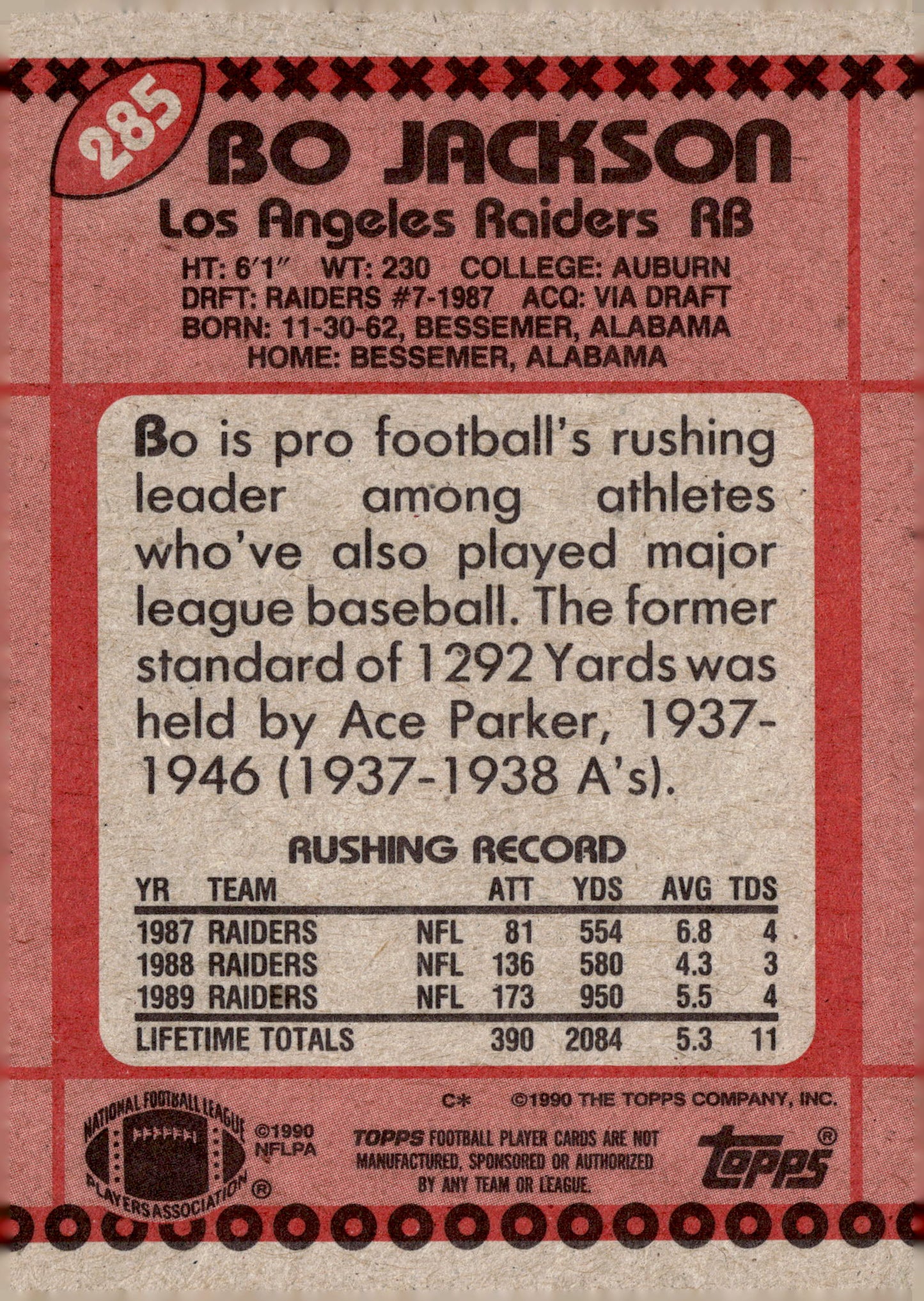 1990 Topps #285b Bo Jackson