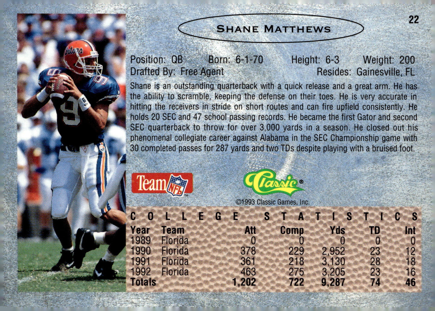 1993 Classic #22 Shane Matthews