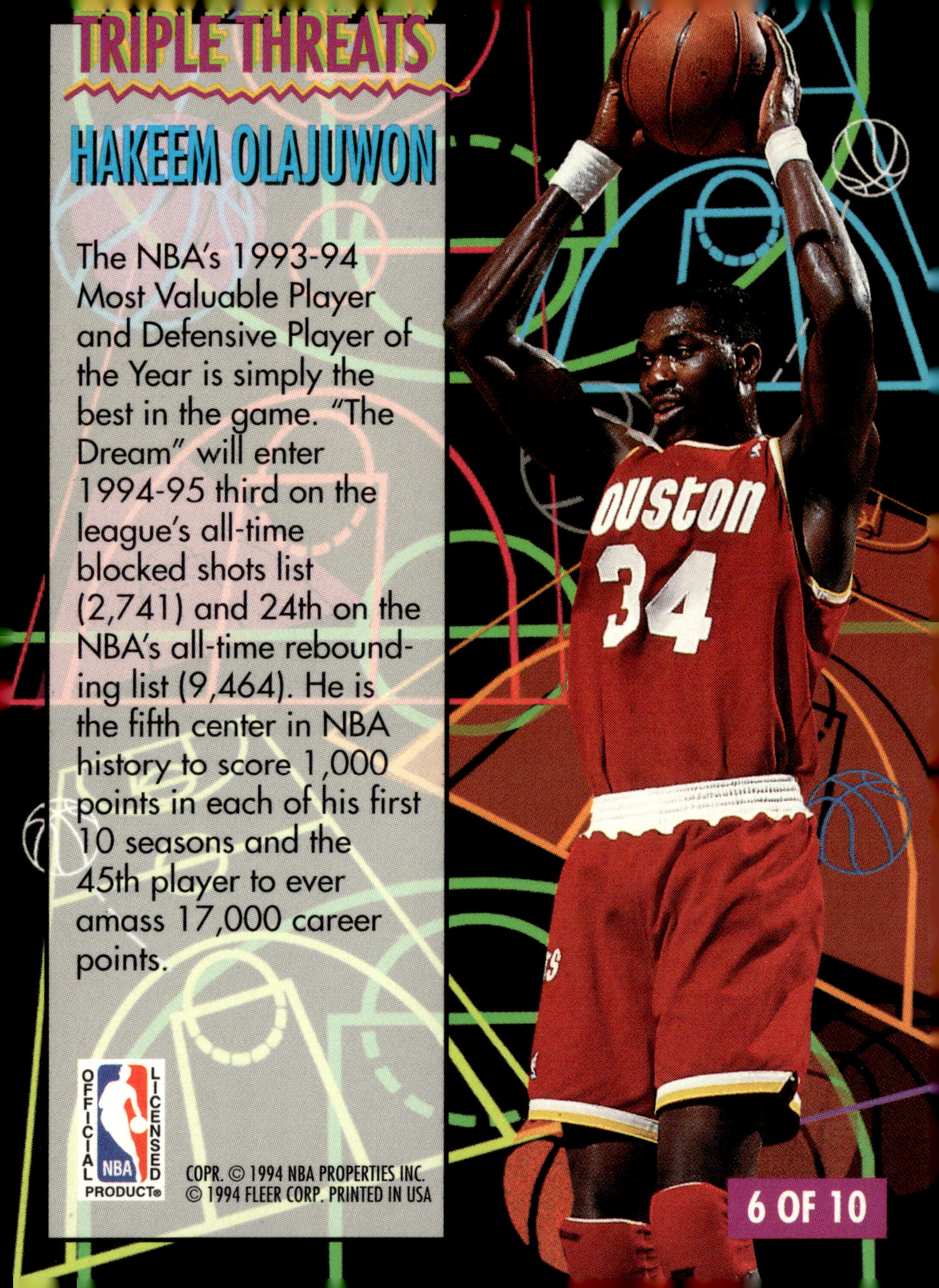 1994-95 Fleer #6 Hakeem Olajuwon Triple Threats
