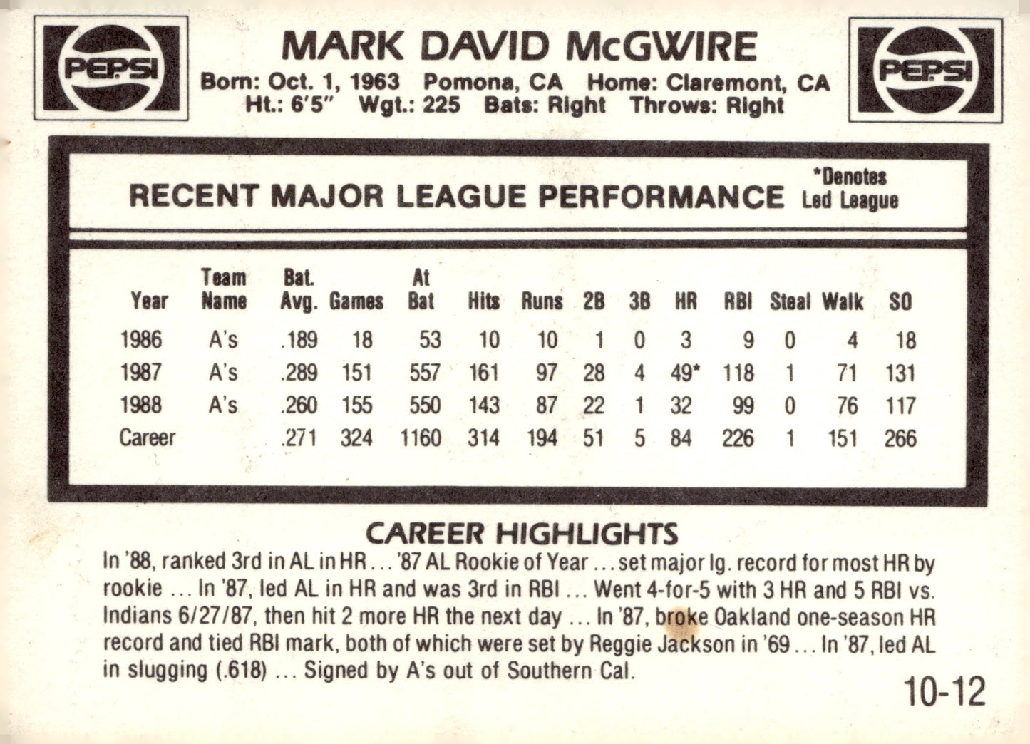 1989 Pepsi Mark McGwire #10 Mark McGwire