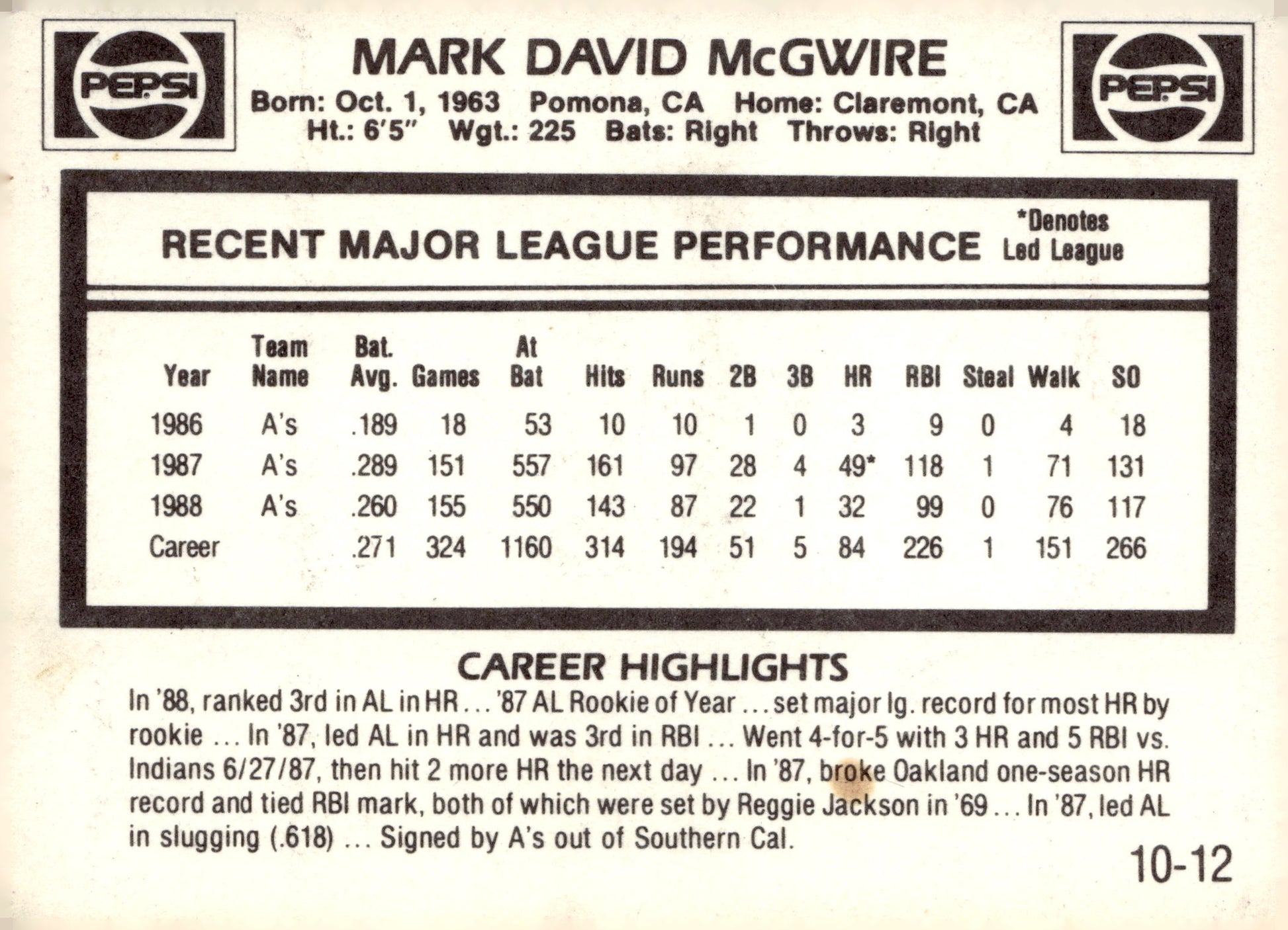 1989 Pepsi Mark McGwire #10 Mark McGwire