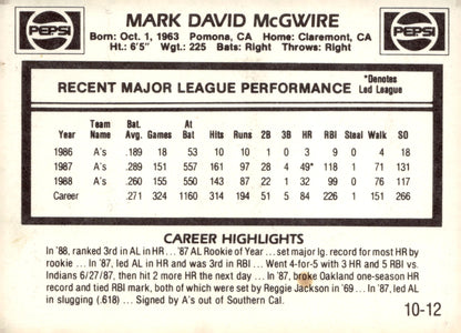 1989 Pepsi Mark McGwire #10 Mark McGwire