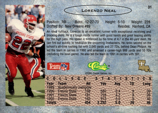 1993 Classic #31 Lorenzo Neal